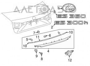 Moldura capacului portbagajului Lexus ES300h ES350 13-18 crom, cu cameră, crăpată, fixările rupte, cromul umflat.