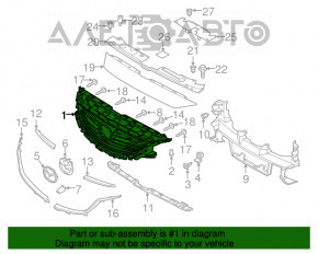 Grila radiatorului Mazda 6 13-17, completă cu emblemă, suporturi rupte, fisură pe mufă, crom umflat, zgârietură pe crom.