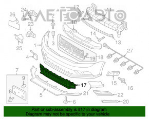 Grila inferioară a bara de protecție față a VW Jetta 15-18 SUA fără senzori de parcare, este ruptă.