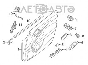 Capacul ușii, cartela din față dreapta Nissan Pathfinder 13-20 negru cu inserție neagră, tapițerie, cotieră tapițată, matriță lucioasă neagră, zgârieturi, pete, necesită curățare chimică.