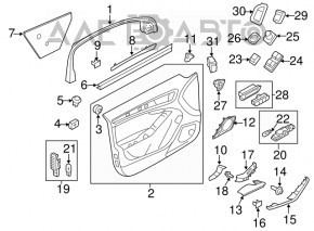 Capacul ușii dreapta față Audi A4 B8 08-12 pre-restilizare, gri închis cu inserție gri deschis din piele, cotier din piele, ornamente din lemn lucios cu crom, crăpat, rupt fixare