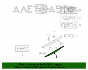 Moldura capacului portbagajului inferior Infiniti Q50 14-17 crom, fixările sunt rupte.