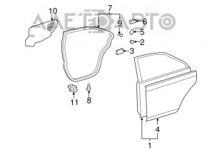 Ușa goală din spatele stânga a unui Toyota Camry v40, de culoare argintie 1D4, este îndoită și are zgârieturi