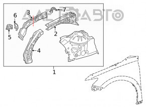 Aripa din față stânga a unui Toyota Camry v70 din 18- este gri grafit, cu capătul longheronului tăiat.