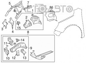 Partea din față a longeronului cu suportul de sticlă dreapta pentru Chevrolet Malibu 13-15.