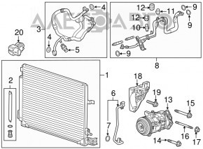 Radiatorul condensatorului de aer condiționat Chevrolet Camaro 16- 6.2 are un defect, este îndoit.