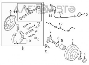 Capacul discului de frână față stânga Nissan Versa 12-19 SUA, sub tambur.