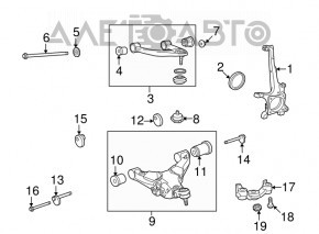 Maneta superioară frontală stângă Toyota Sequoia 08-16 are silentblocurile crăpate și protecția de praf ruptă.