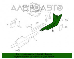 Capac prag frontal stânga Mini Cooper Countryman R60 10-16, neagră, sub buton, suportul este rupt.