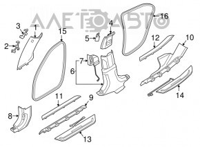 Capac prag spate stânga exterior BMW 7 G11 G12 16-22 crom, cu iluminare, crom util, fixare ruptă, zgârietură, lipsă parte din emblema, zgârietură