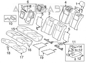 Rândul din spate al mașinii, al doilea rând, Toyota Avalon 13-18, piele neagră, perforată, fără airbag, uzată, necesită curățare chimică.