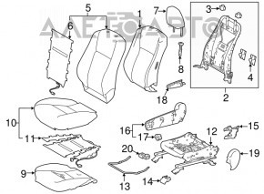 Scaun de pasager Toyota Highlander 14-16 fără airbag, manual, tapițerie gri închis.