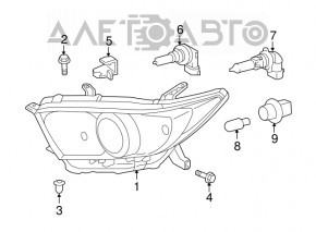 Far dreapta față Toyota Highlander 11-13, gol, hibrid, cu halogen, necesită polizare