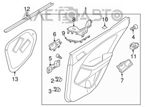 Capacul ușii spate stânga Kia Optima 11-15 gri cu inserție gri, material textil, cotier piele, zgârieturi, rupturi, necesită curățare chimică.