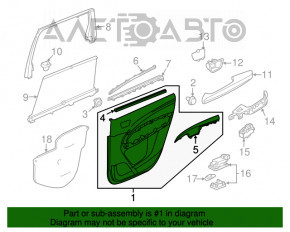 Capacul usii spate stânga pentru Acura MDX 14-16, negru cu inserție neagră din piele, cotier din piele, ornamente din lemn lucios, fără perdea, zgârieturi.