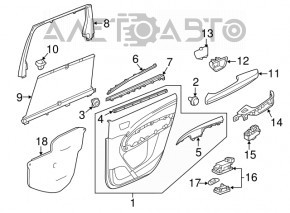 Capacul usii spate stânga Acura MDX 14-16 negru cu inserție neagră din piele, cotier din piele, ornamente din lemn lucios, perdea, zgârieturi.