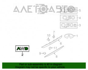 Emblema cu inscripția AWD de pe capacul portbagajului Infiniti Q50 14-