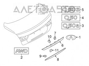 Emblema cu inscripția AWD de pe capacul portbagajului Infiniti Q50 14-