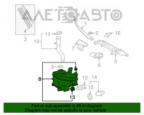 Rezervorul de spălare a parbrizului pentru Lexus LS460 LS600h 07-12 fără gât și senzor, sub duza de spălare a farurilor.