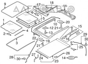 Geam panoramic pentru Porsche Cayenne 958 11-14, cu obturator negru, zgârieturi pe sticlă, crăpături în suporturi.