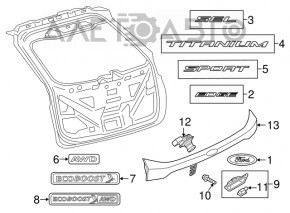 Emblema cu inscripția ECOBOOST AWD de pe ușa portbagajului Ford Edge 15-18 este decolorată cromată.