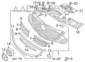 Grila radiatorului Mazda CX-5 15-16, completă cu emblemă, crăpată, suport rupt, zgârieturi, nisip