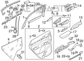 Capacul ușii spate stânga Porsche Cayenne 958 11-17 negru, cu difuzor, cotier negru din piele, ornamente negre lucioase, zgârieturi.