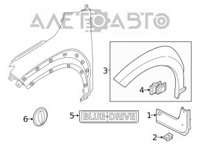 Capacul aripii din față stânga Hyundai Kona 18-23, structura, prinderea este ruptă.