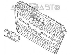 Grila radiatorului asamblată Audi A4 B9 17-19 cu emblemă, cu senzori de parcare, crom închis.