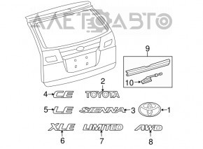 Iluminarea numărului de pe ușa portbagajului Toyota Sienna 04-10