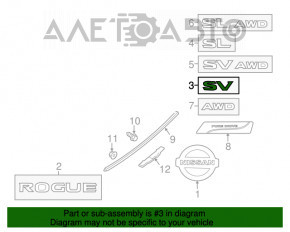 Emblema cu inscripția SV de pe ușa portbagajului Nissan Rogue 14-20