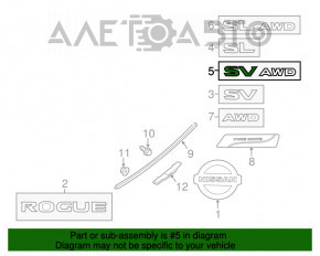 Emblema cu inscripția SV AWD pe ușa portbagajului Nissan Rogue 14-20