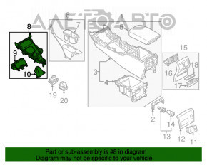 Capacul consolei centrale cu suporturi pentru pahare Infiniti Q50 14-15 cu o placă din lemn, zgârieturi.