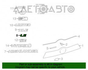 Emblema cu inscripția "LE" de pe ușa portbagajului Toyota Highlander 14-19.