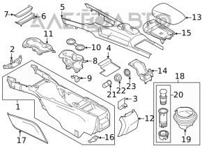 Consola centrală cu cotieră și suporturi pentru pahare pentru Ford Mustang mk6 15- în piele neagră, asamblate.