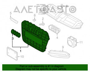 Grila radiatorului asamblată Audi A6 C7 12-15 pre-restilizare, fără cameră, negru lucios, pentru senzori de parcare, nisip, celule rupte, fisuri.